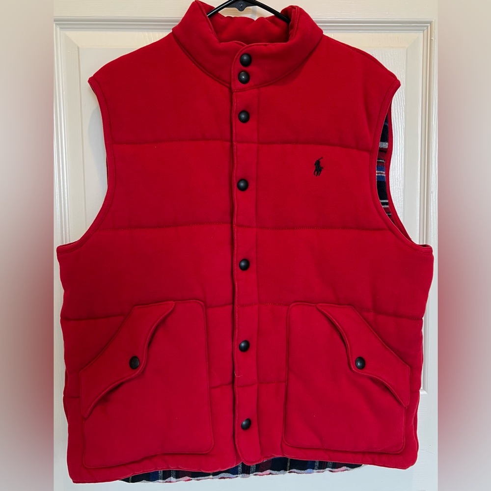 Polo Ralph Lauren Red Quilted Snap Puffer Vest Plaid Lining Size L